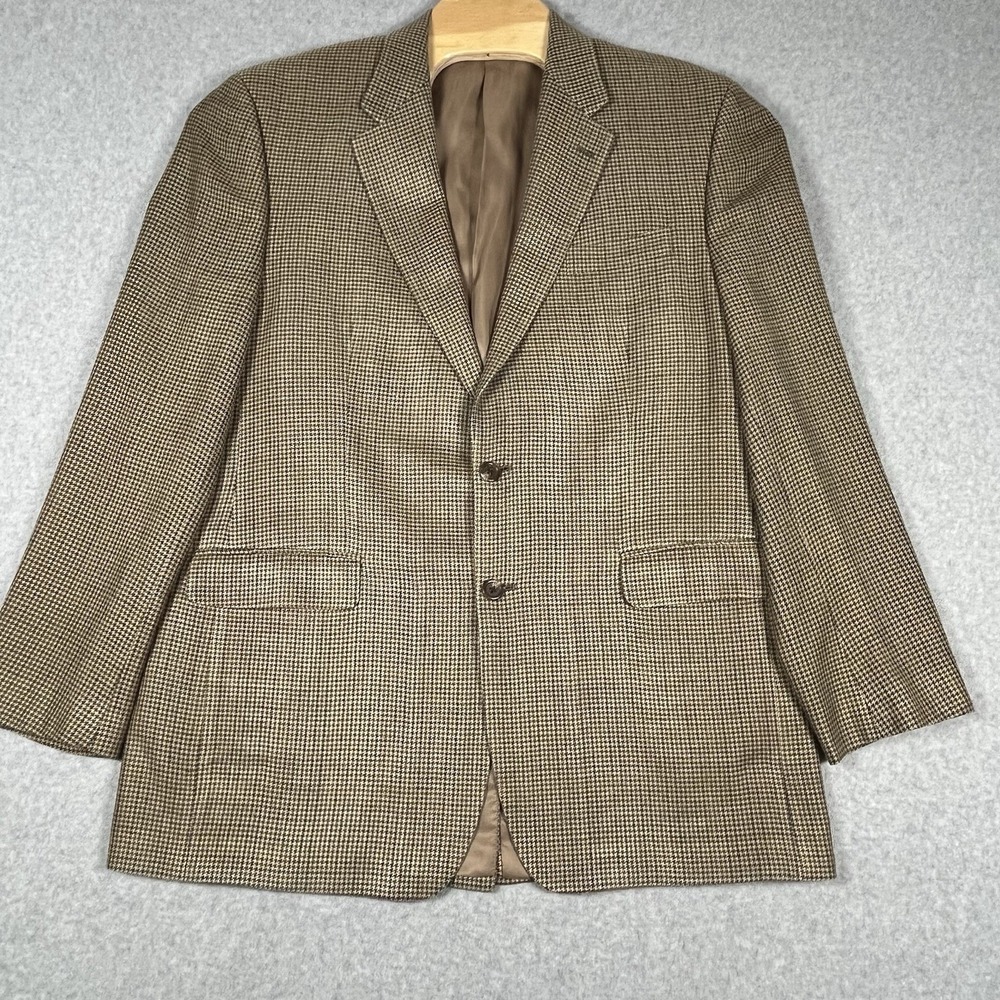 Men's Chaps Ralph Lauren 100% Silk Tan Houndstooth 2-Button 44L Blazer Jacket - Picture 2 of 11